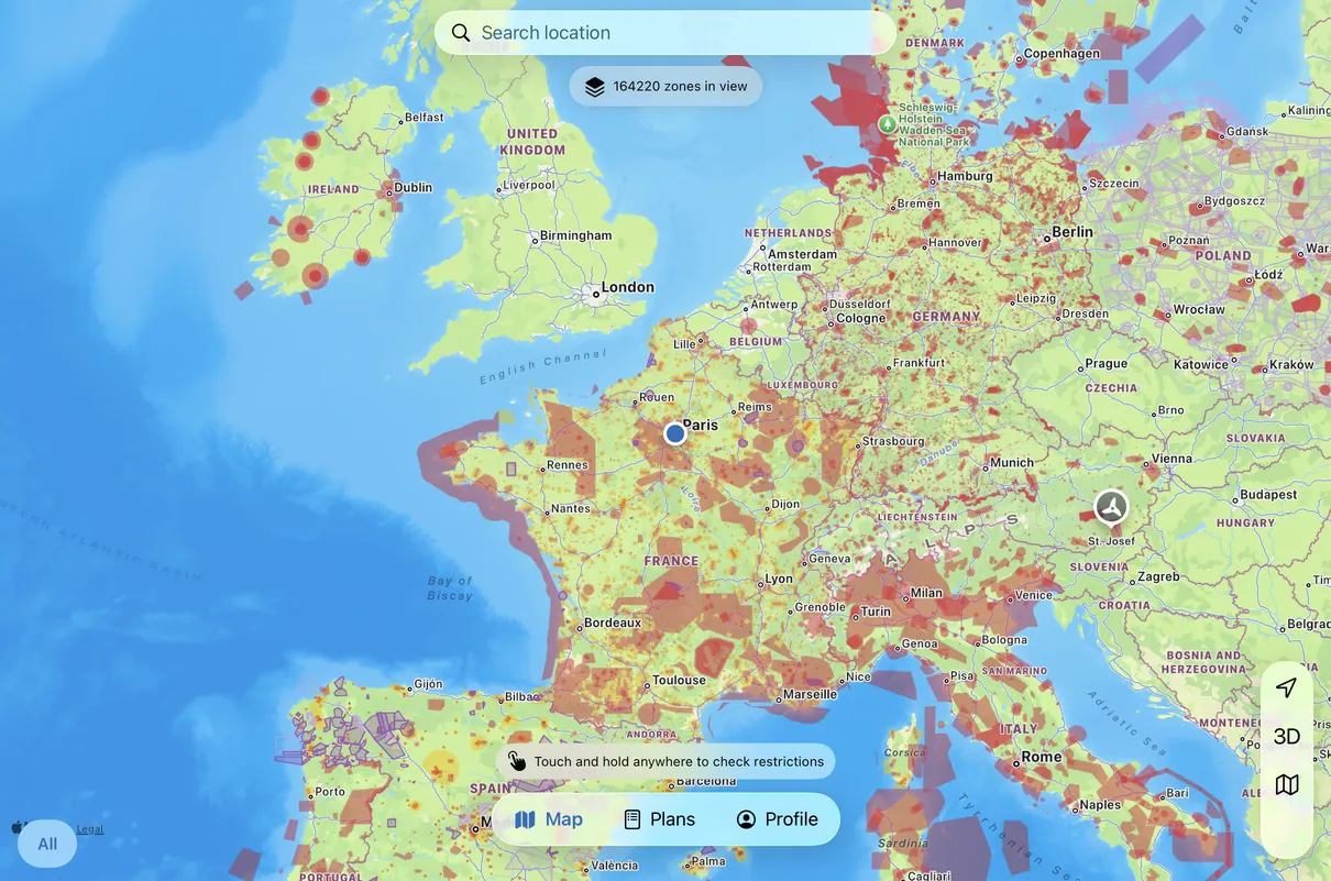 The Drone App on Mac, in a window: the same map over western Europe.